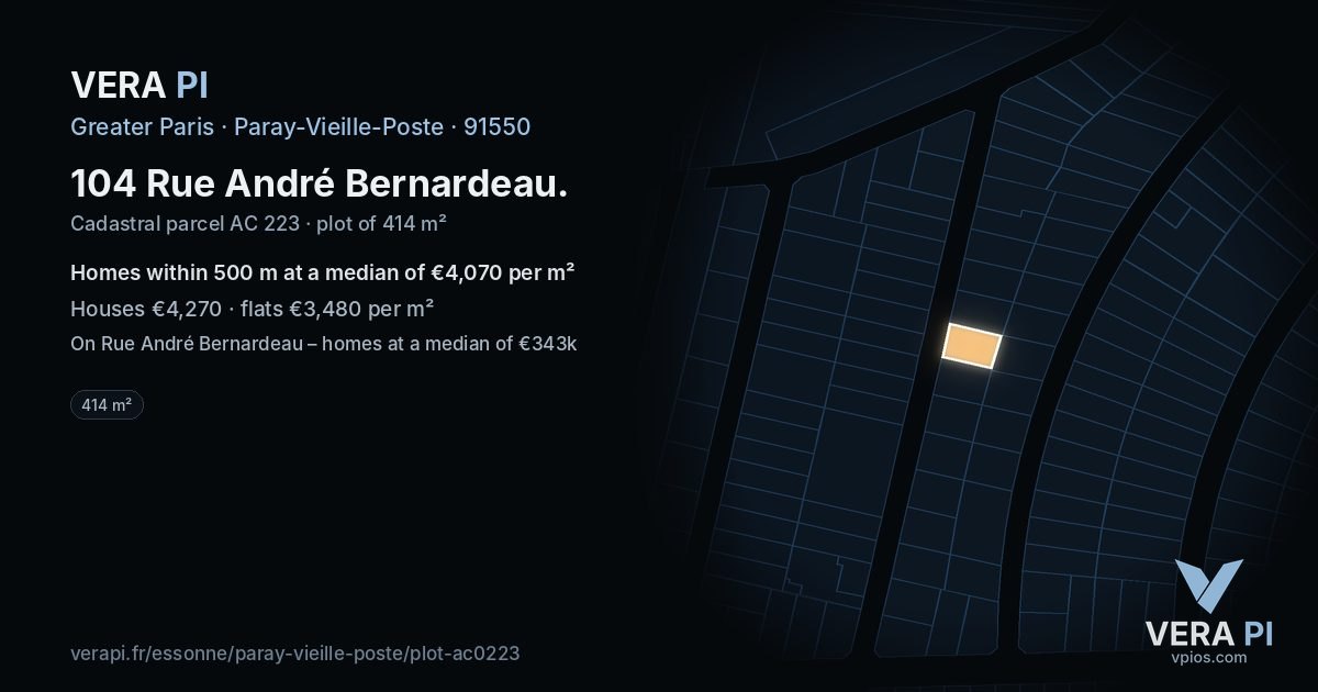 104 Rue André Bernardeau, Paray-Vieille-Poste at night – the plot lit, the parcels around coloured by the prices near them