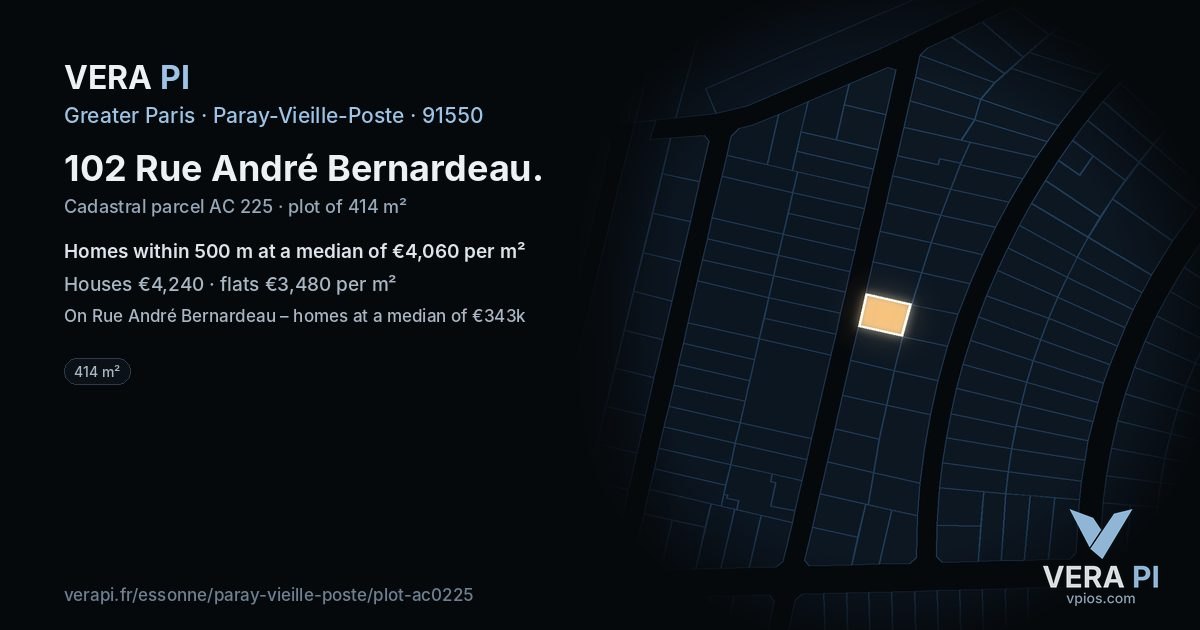 102 Rue André Bernardeau, Paray-Vieille-Poste at night – the plot lit, the parcels around coloured by the prices near them