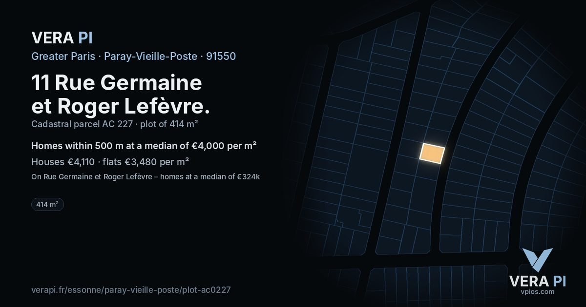 11 Rue Germaine et Roger Lefèvre, Paray-Vieille-Poste at night – the plot lit, the parcels around coloured by the prices near them
