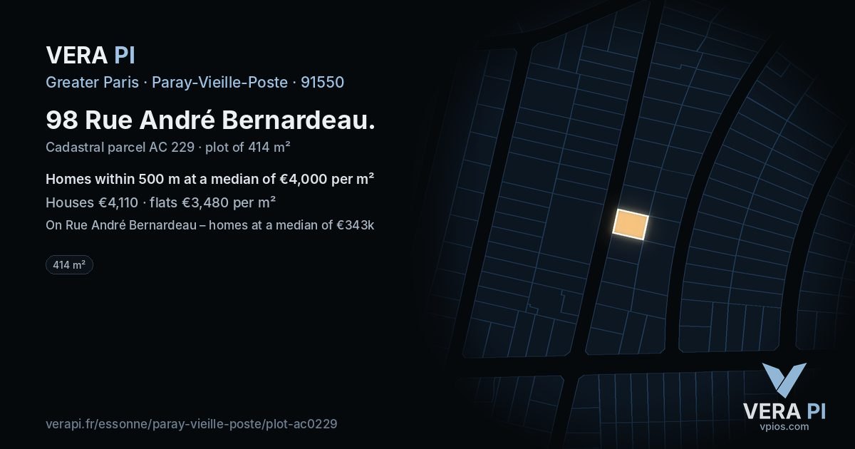 98 Rue André Bernardeau, Paray-Vieille-Poste at night – the plot lit, the parcels around coloured by the prices near them