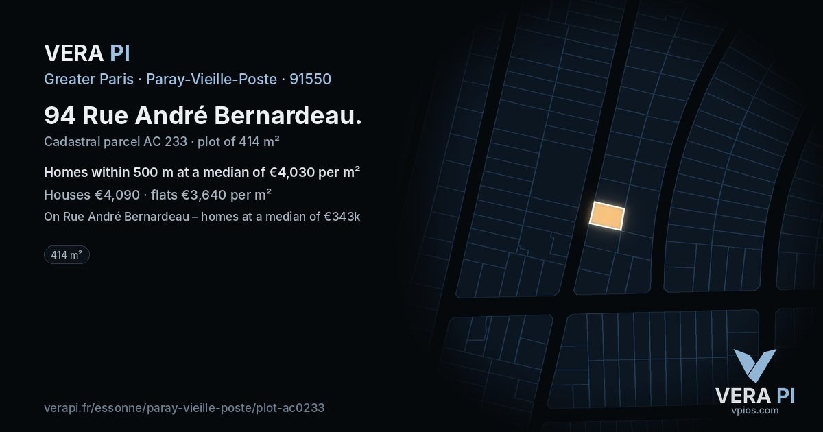 94 Rue André Bernardeau, Paray-Vieille-Poste at night – the plot lit, the parcels around coloured by the prices near them