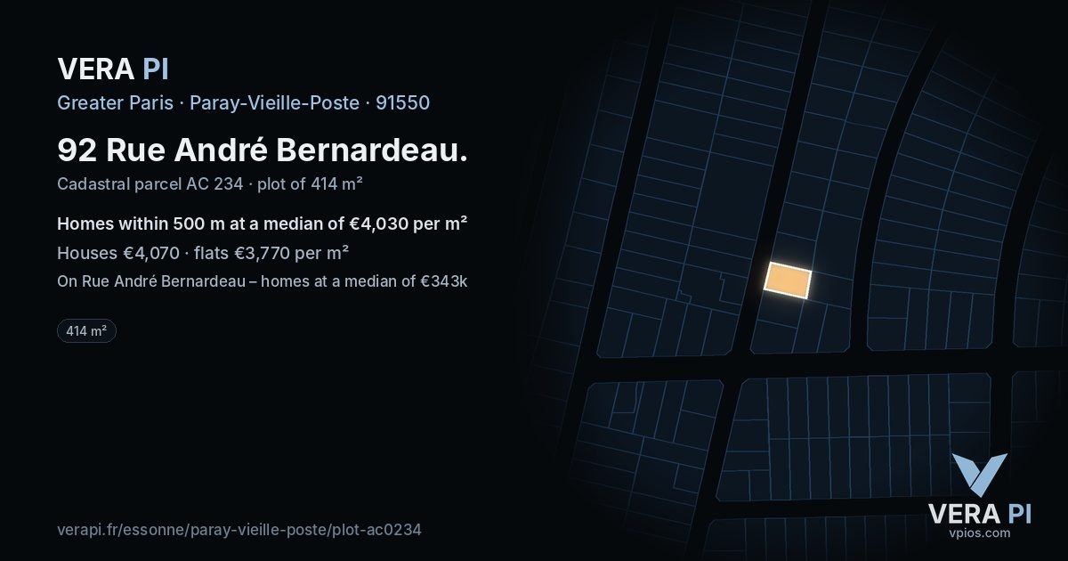 92 Rue André Bernardeau, Paray-Vieille-Poste at night – the plot lit, the parcels around coloured by the prices near them