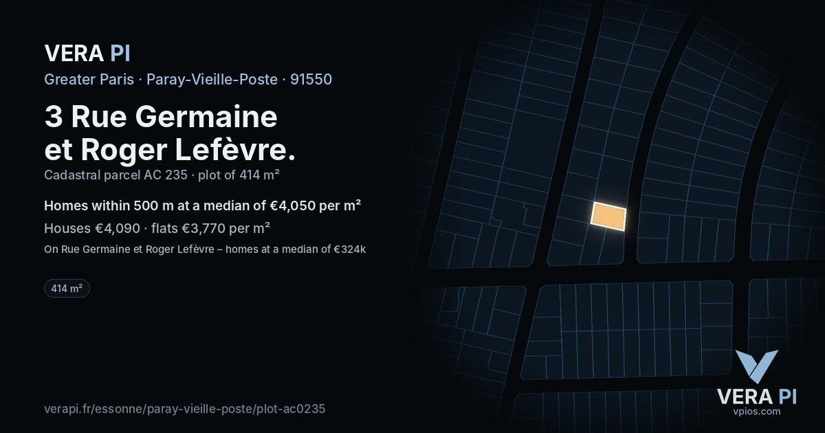 3 Rue Germaine et Roger Lefèvre, Paray-Vieille-Poste at night – the plot lit, the parcels around coloured by the prices near them