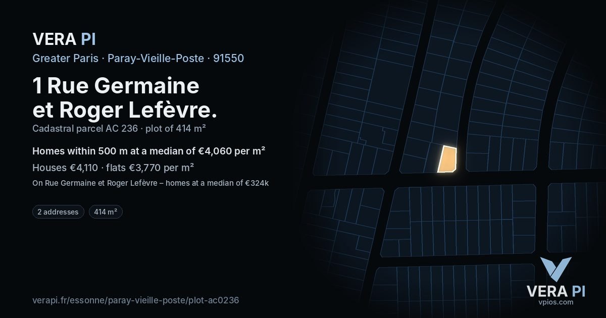 1 Rue Germaine et Roger Lefèvre, Paray-Vieille-Poste at night – the plot lit, the parcels around coloured by the prices near them