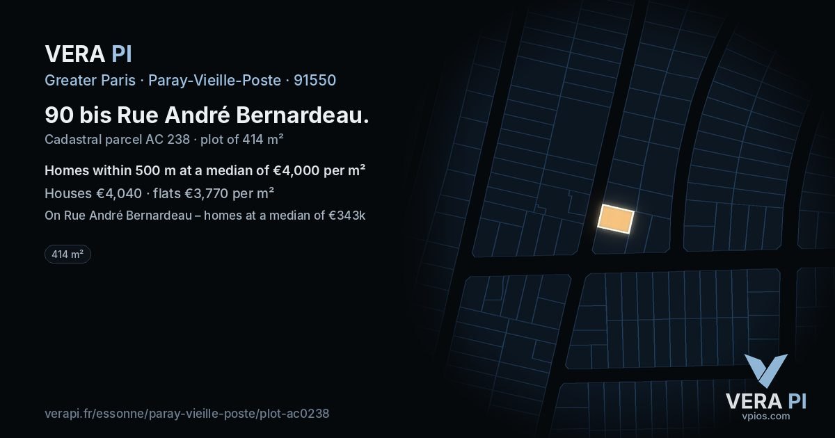 90 bis Rue André Bernardeau, Paray-Vieille-Poste at night – the plot lit, the parcels around coloured by the prices near them