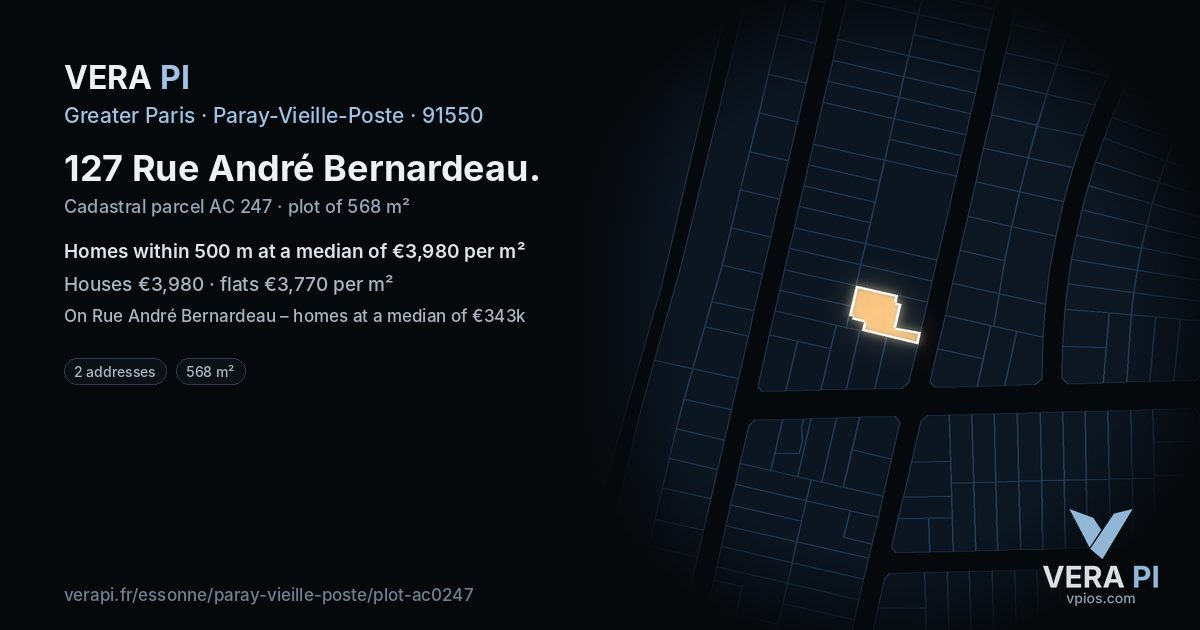 127 Rue André Bernardeau, Paray-Vieille-Poste at night – the plot lit, the parcels around coloured by the prices near them