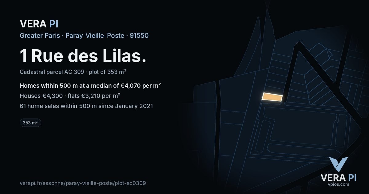 1 Rue des Lilas, Paray-Vieille-Poste at night – the plot lit, the parcels around coloured by the prices near them