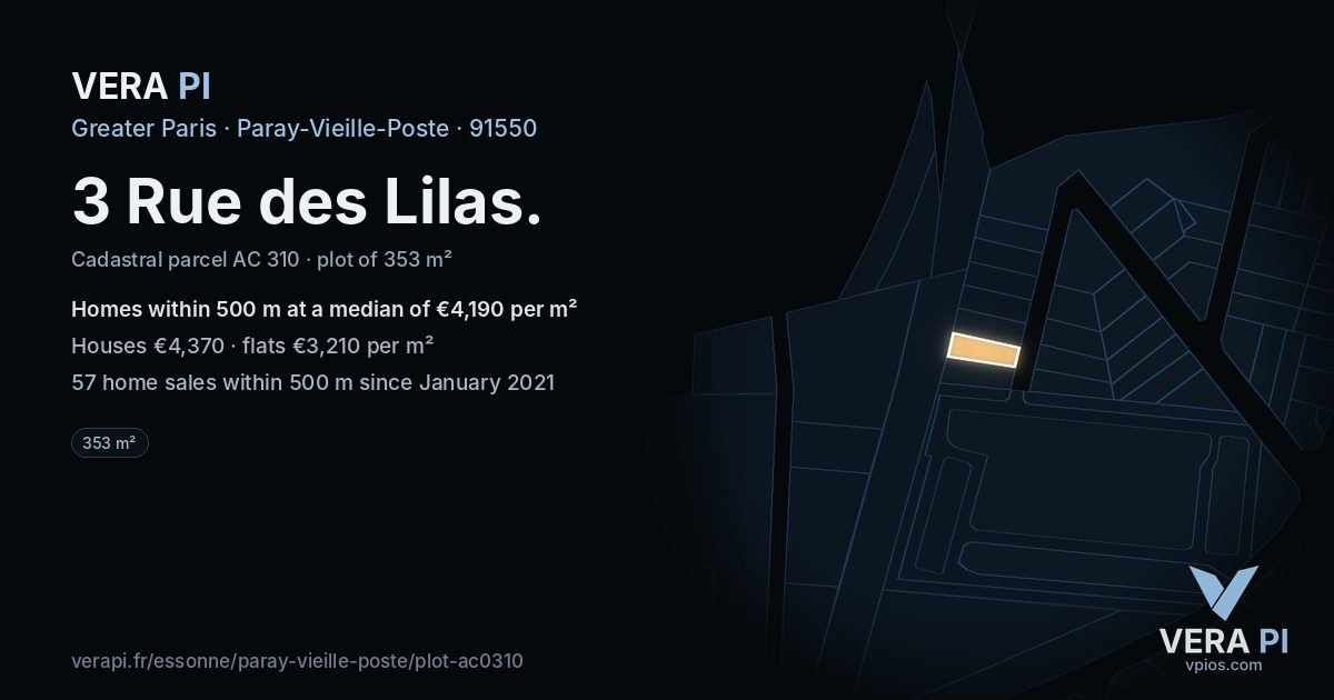 3 Rue des Lilas, Paray-Vieille-Poste at night – the plot lit, the parcels around coloured by the prices near them