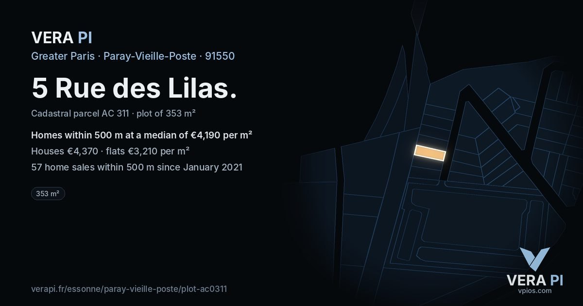 5 Rue des Lilas, Paray-Vieille-Poste at night – the plot lit, the parcels around coloured by the prices near them