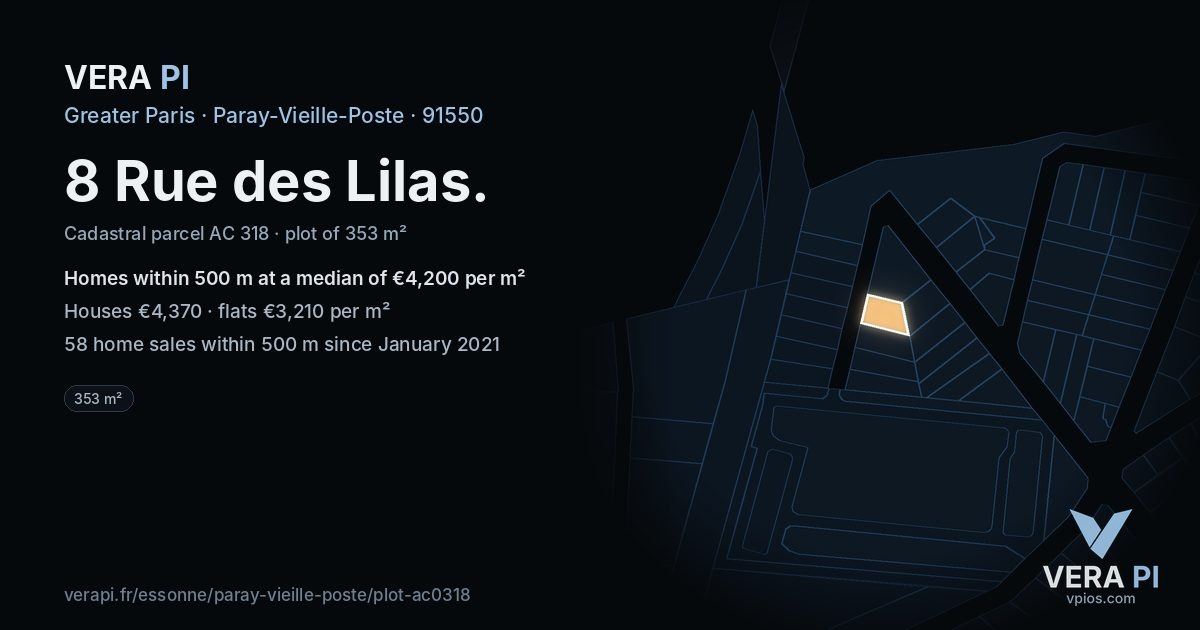 8 Rue des Lilas, Paray-Vieille-Poste at night – the plot lit, the parcels around coloured by the prices near them