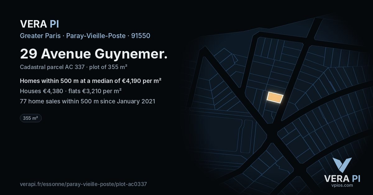 29 Avenue Guynemer, Paray-Vieille-Poste at night – the plot lit, the parcels around coloured by the prices near them