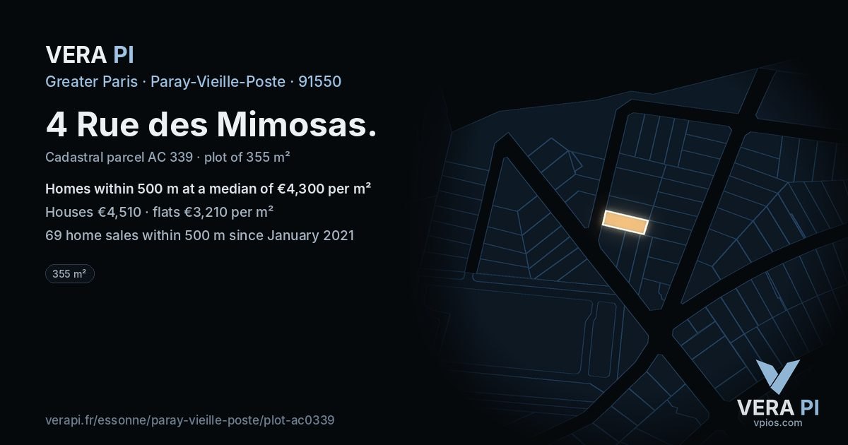 4 Rue des Mimosas, Paray-Vieille-Poste at night – the plot lit, the parcels around coloured by the prices near them