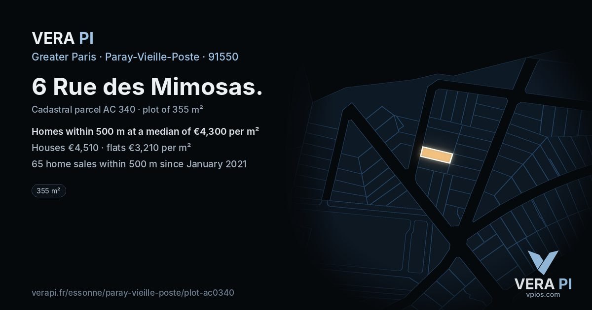 6 Rue des Mimosas, Paray-Vieille-Poste at night – the plot lit, the parcels around coloured by the prices near them