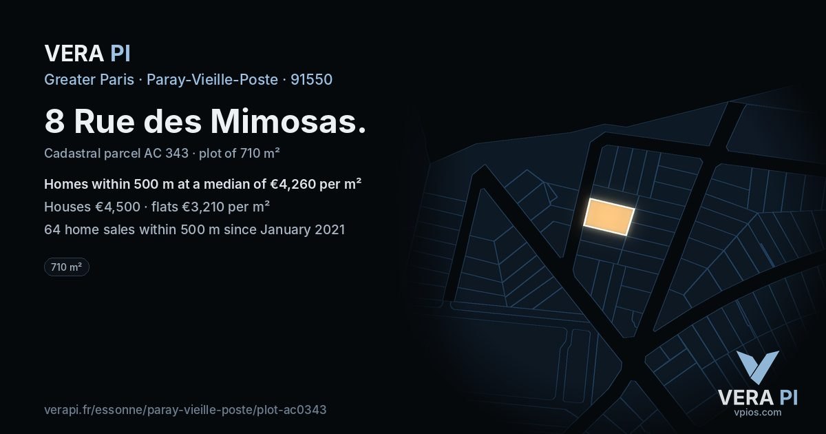 8 Rue des Mimosas, Paray-Vieille-Poste at night – the plot lit, the parcels around coloured by the prices near them