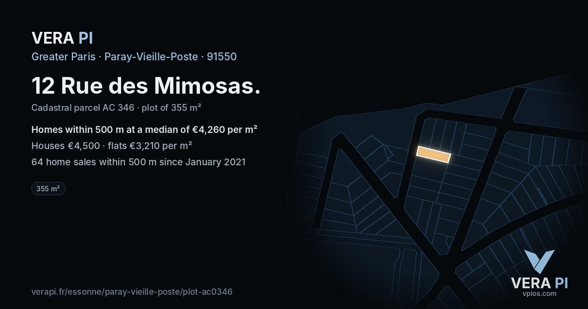 12 Rue des Mimosas, Paray-Vieille-Poste at night – the plot lit, the parcels around coloured by the prices near them