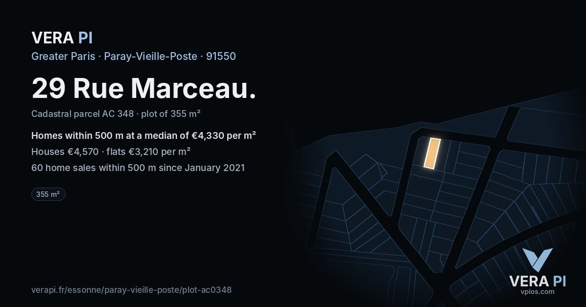 29 Rue Marceau, Paray-Vieille-Poste at night – the plot lit, the parcels around coloured by the prices near them