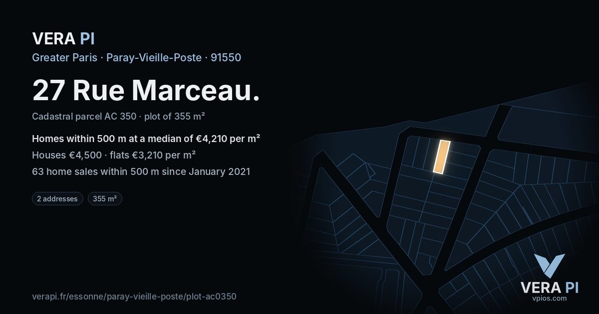 27 Rue Marceau, Paray-Vieille-Poste at night – the plot lit, the parcels around coloured by the prices near them
