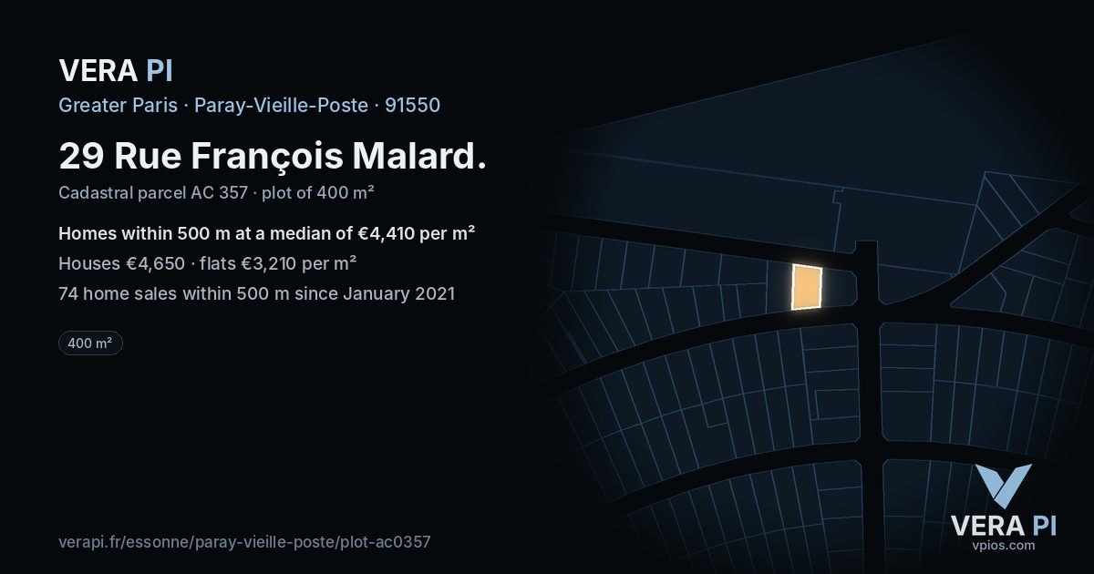 29 Rue François Malard, Paray-Vieille-Poste at night – the plot lit, the parcels around coloured by the prices near them