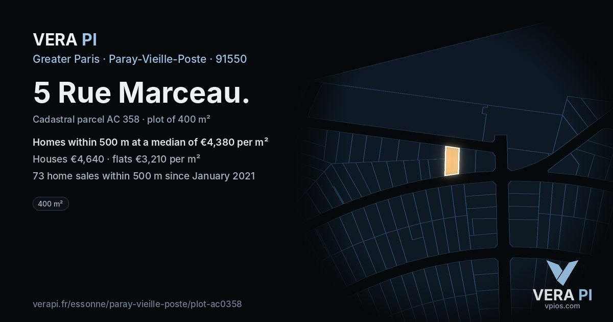 5 Rue Marceau, Paray-Vieille-Poste at night – the plot lit, the parcels around coloured by the prices near them