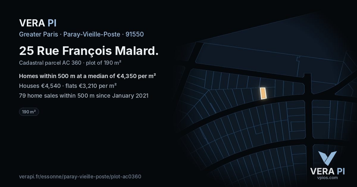 25 Rue François Malard, Paray-Vieille-Poste at night – the plot lit, the parcels around coloured by the prices near them