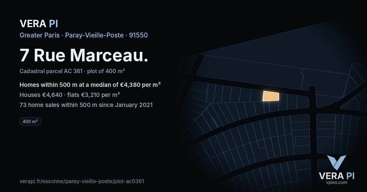 7 Rue Marceau, Paray-Vieille-Poste at night – the plot lit, the parcels around coloured by the prices near them