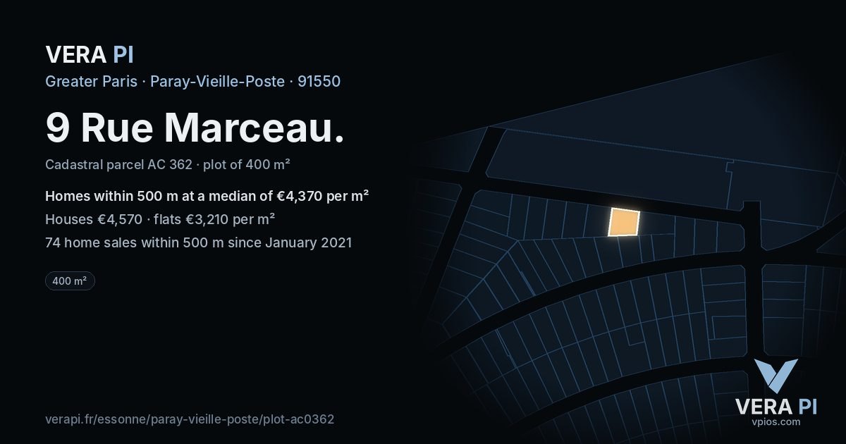 9 Rue Marceau, Paray-Vieille-Poste at night – the plot lit, the parcels around coloured by the prices near them