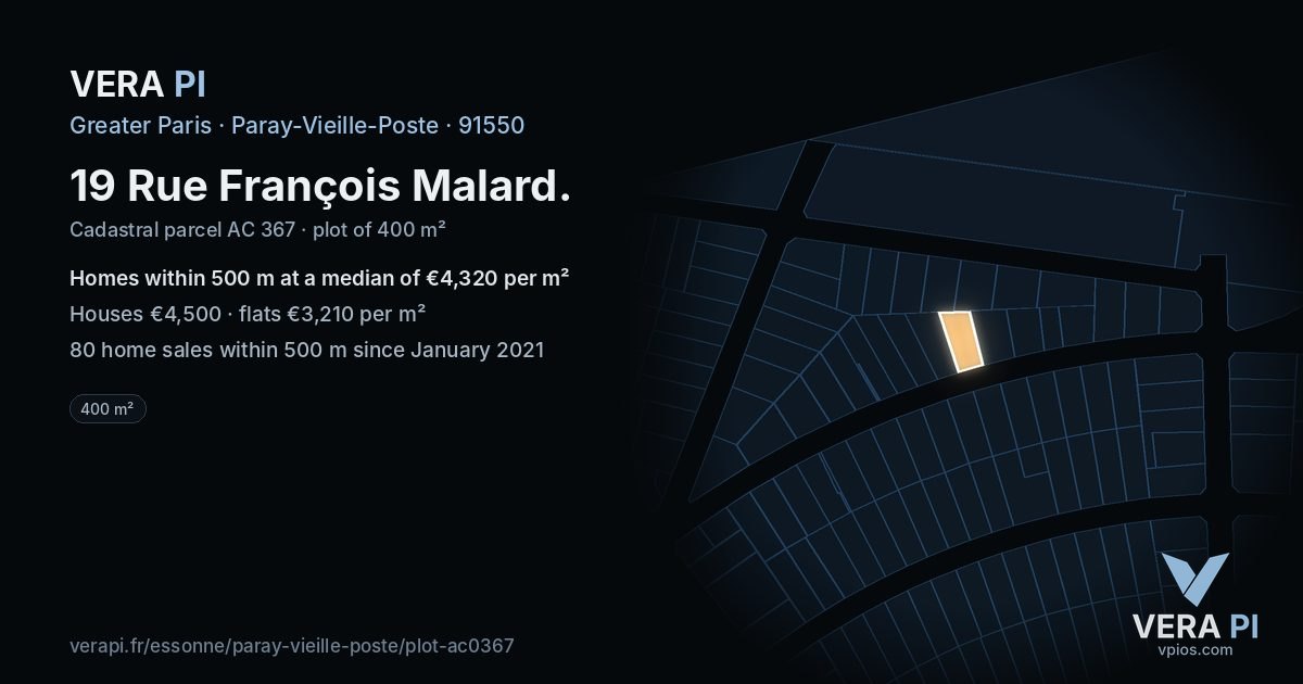 19 Rue François Malard, Paray-Vieille-Poste at night – the plot lit, the parcels around coloured by the prices near them