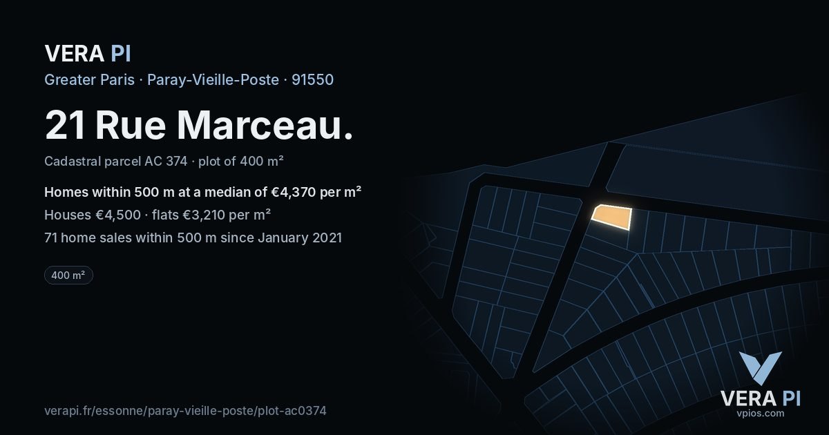 21 Rue Marceau, Paray-Vieille-Poste at night – the plot lit, the parcels around coloured by the prices near them