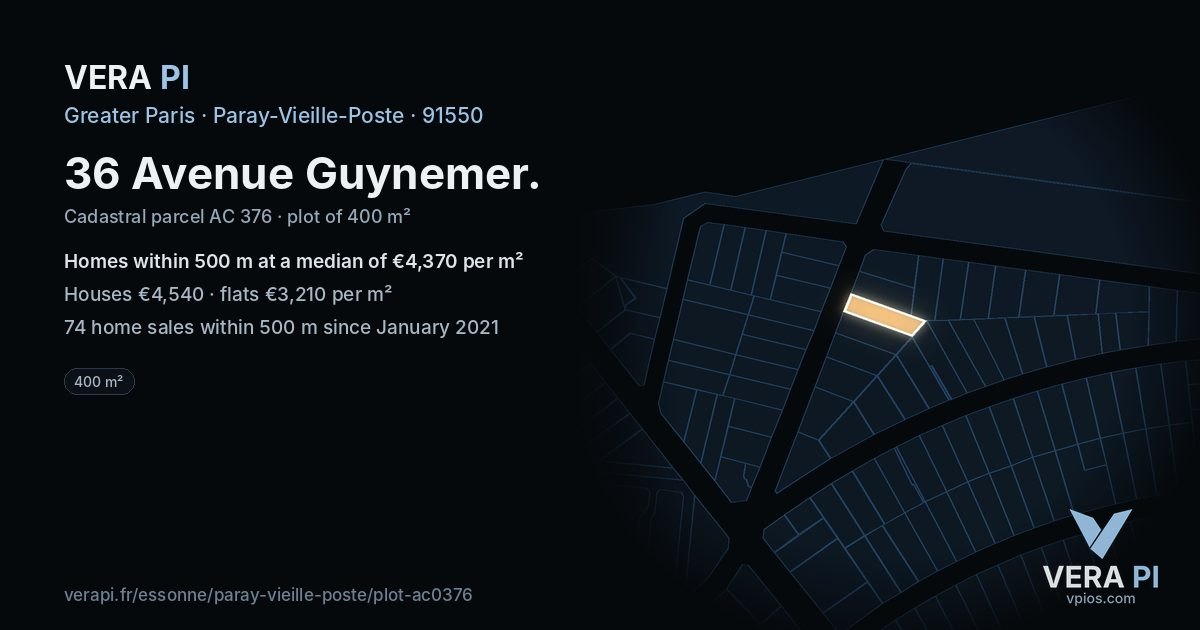 36 Avenue Guynemer, Paray-Vieille-Poste at night – the plot lit, the parcels around coloured by the prices near them