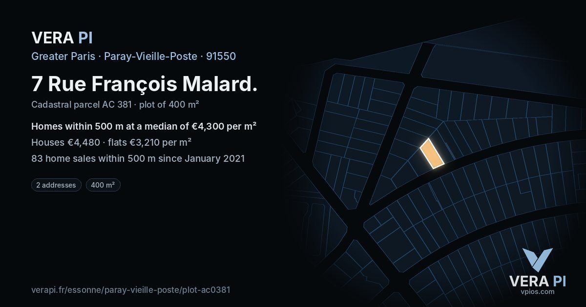 7 Rue François Malard, Paray-Vieille-Poste at night – the plot lit, the parcels around coloured by the prices near them