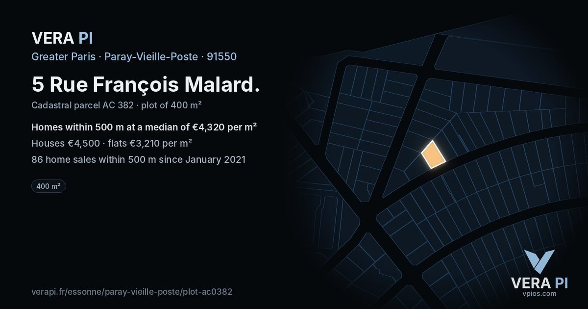 5 Rue François Malard, Paray-Vieille-Poste at night – the plot lit, the parcels around coloured by the prices near them