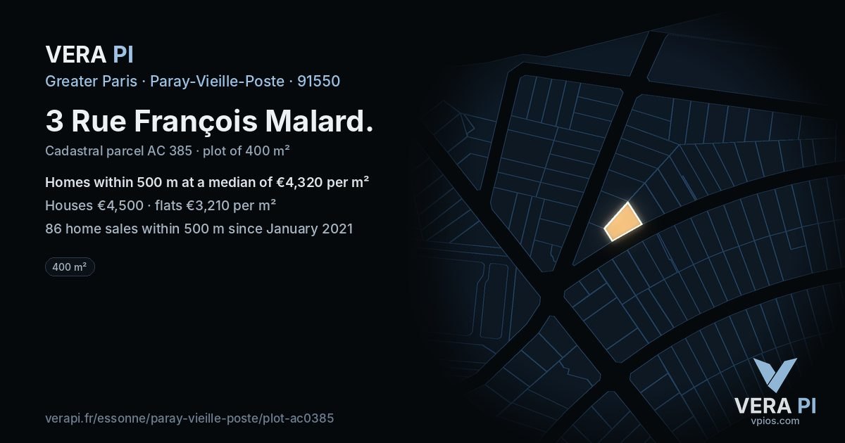 3 Rue François Malard, Paray-Vieille-Poste at night – the plot lit, the parcels around coloured by the prices near them