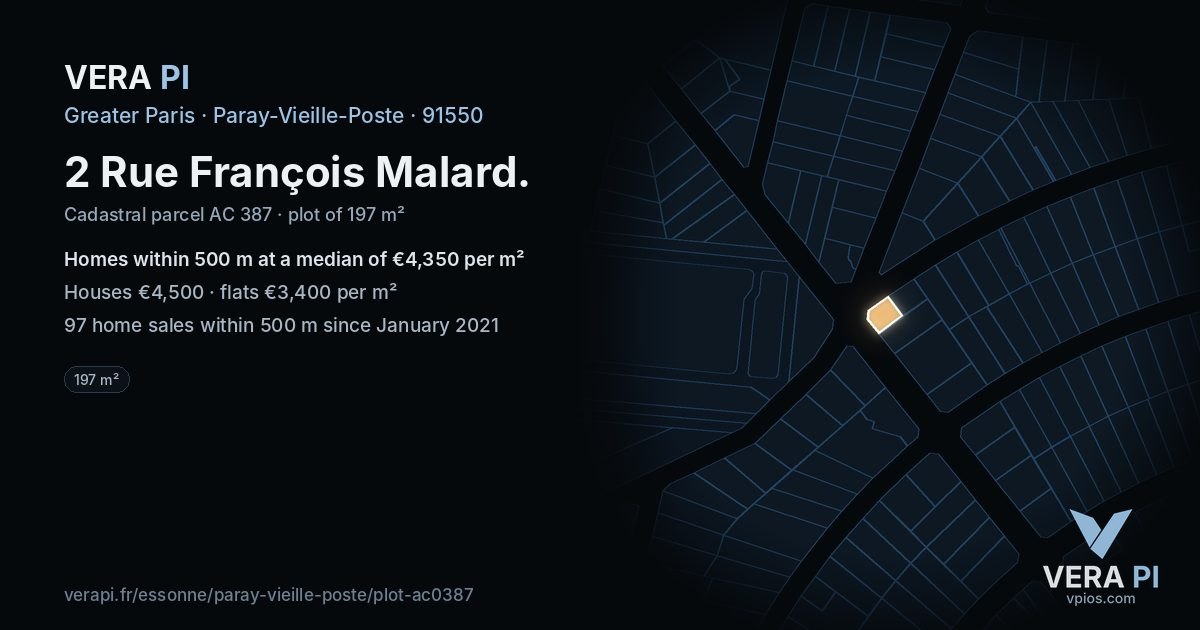 2 Rue François Malard, Paray-Vieille-Poste at night – the plot lit, the parcels around coloured by the prices near them