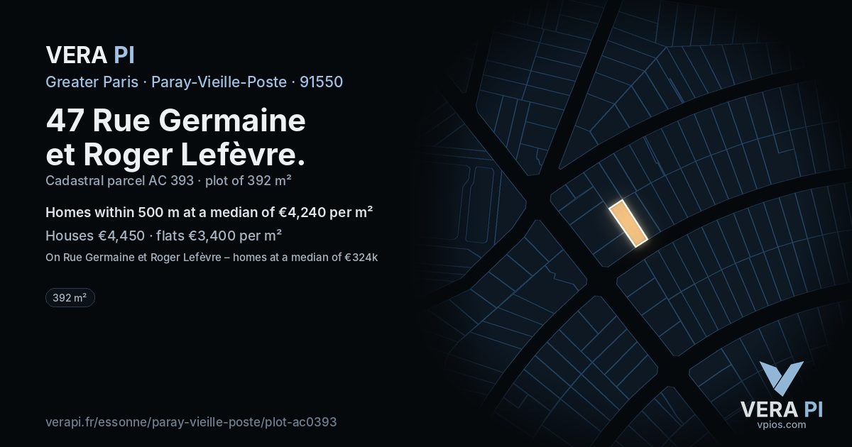 47 Rue Germaine et Roger Lefèvre, Paray-Vieille-Poste at night – the plot lit, the parcels around coloured by the prices near them
