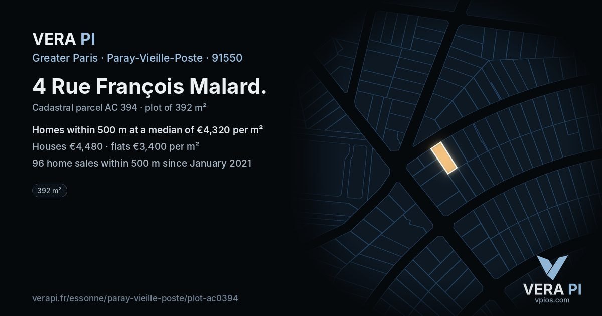 4 Rue François Malard, Paray-Vieille-Poste at night – the plot lit, the parcels around coloured by the prices near them