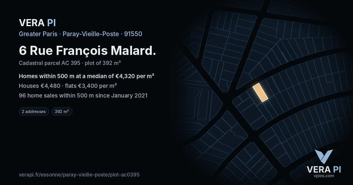 6 Rue François Malard, Paray-Vieille-Poste at night – the plot lit, the parcels around coloured by the prices near them
