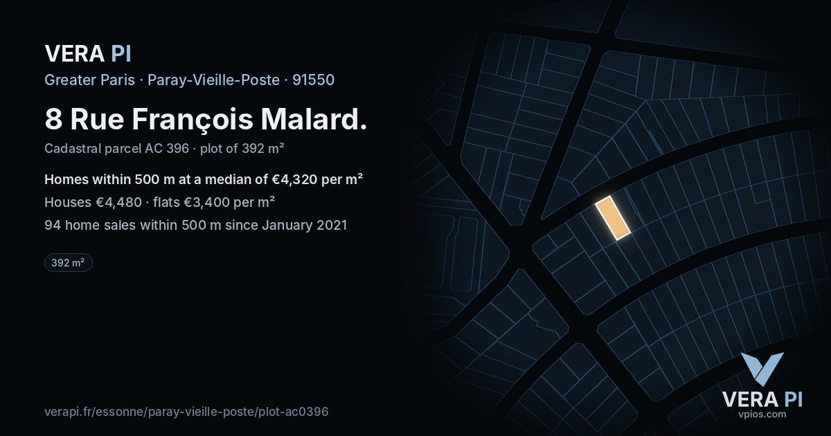 8 Rue François Malard, Paray-Vieille-Poste at night – the plot lit, the parcels around coloured by the prices near them