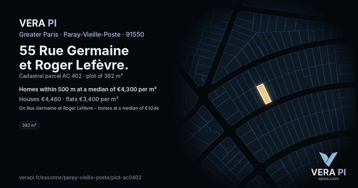 55 Rue Germaine et Roger Lefèvre, Paray-Vieille-Poste at night – the plot lit, the parcels around coloured by the prices near them