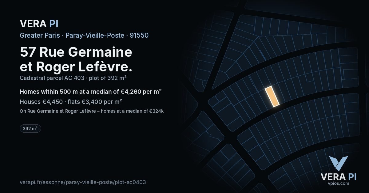57 Rue Germaine et Roger Lefèvre, Paray-Vieille-Poste at night – the plot lit, the parcels around coloured by the prices near them