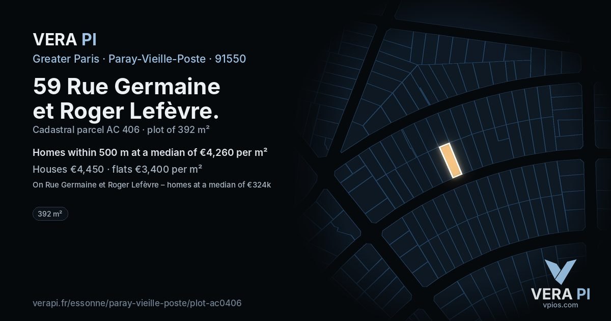 59 Rue Germaine et Roger Lefèvre, Paray-Vieille-Poste at night – the plot lit, the parcels around coloured by the prices near them