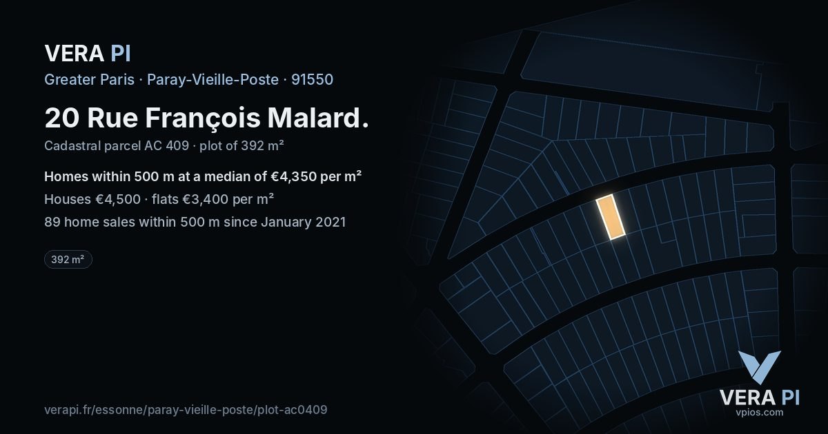20 Rue François Malard, Paray-Vieille-Poste at night – the plot lit, the parcels around coloured by the prices near them