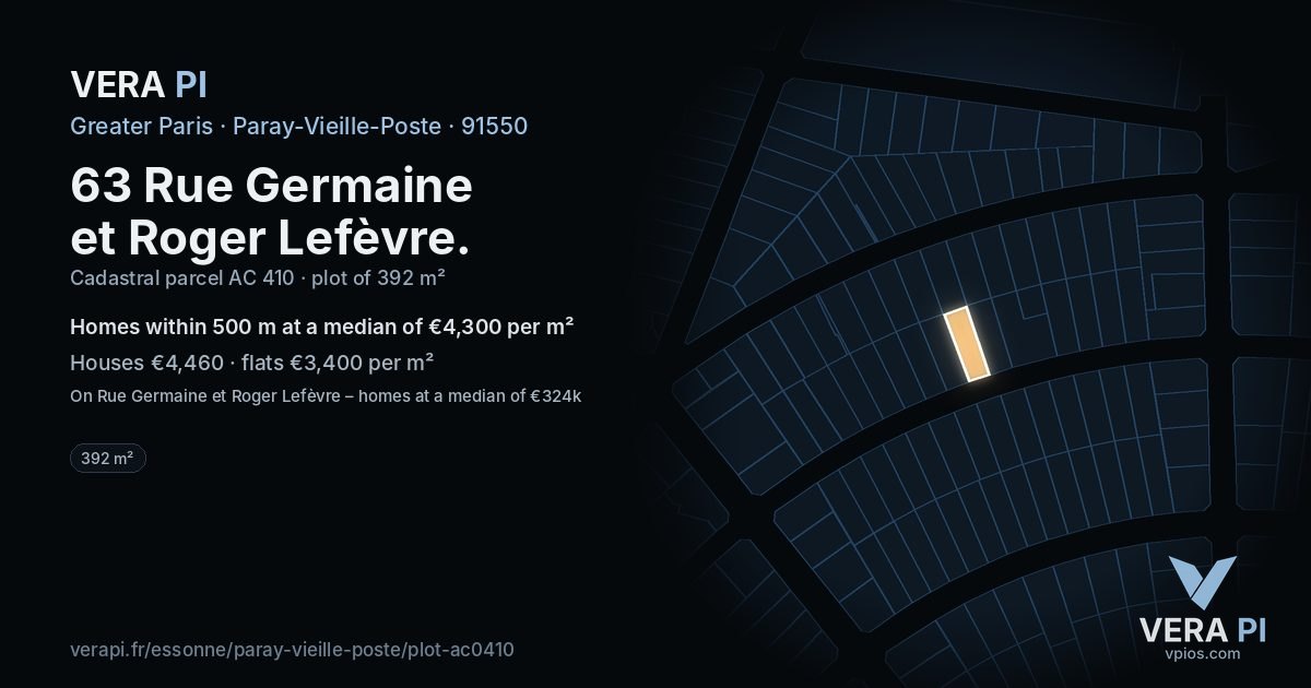 63 Rue Germaine et Roger Lefèvre, Paray-Vieille-Poste at night – the plot lit, the parcels around coloured by the prices near them