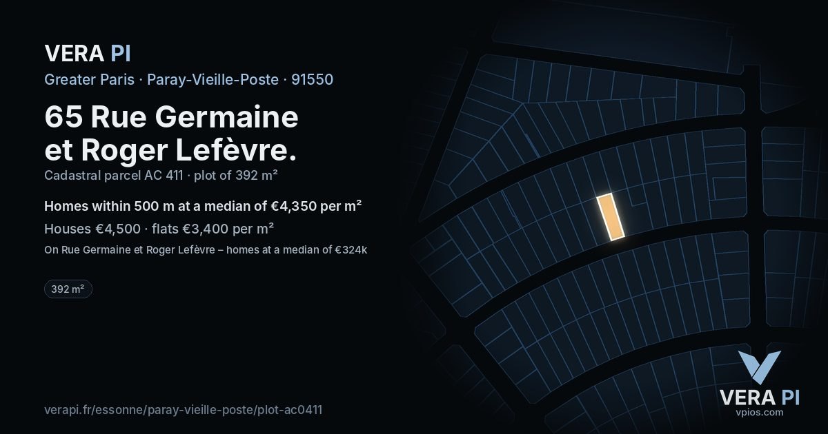 65 Rue Germaine et Roger Lefèvre, Paray-Vieille-Poste at night – the plot lit, the parcels around coloured by the prices near them