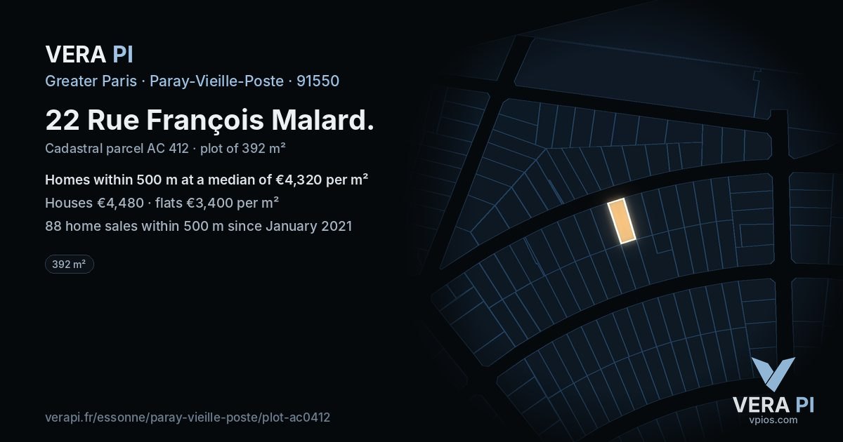 22 Rue François Malard, Paray-Vieille-Poste at night – the plot lit, the parcels around coloured by the prices near them