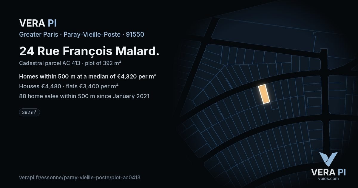24 Rue François Malard, Paray-Vieille-Poste at night – the plot lit, the parcels around coloured by the prices near them