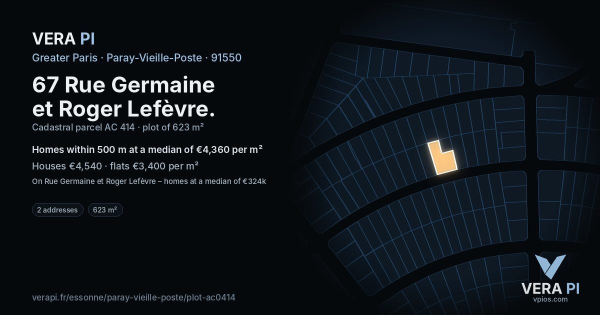 67 Rue Germaine et Roger Lefèvre, Paray-Vieille-Poste at night – the plot lit, the parcels around coloured by the prices near them
