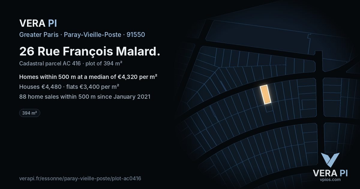 26 Rue François Malard, Paray-Vieille-Poste at night – the plot lit, the parcels around coloured by the prices near them