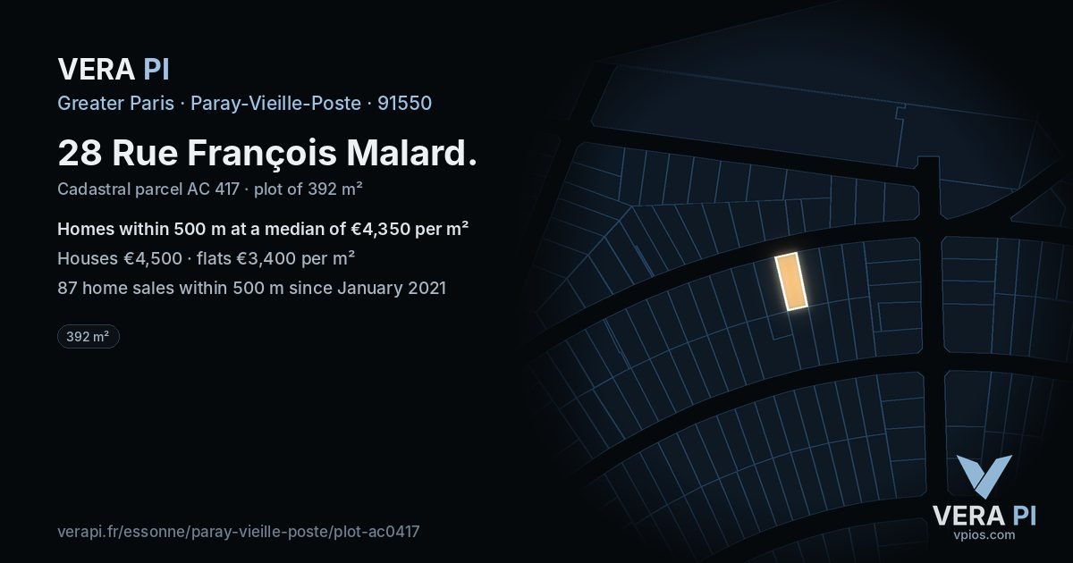 28 Rue François Malard, Paray-Vieille-Poste at night – the plot lit, the parcels around coloured by the prices near them