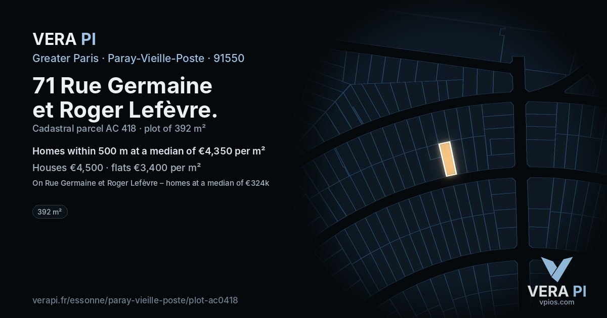71 Rue Germaine et Roger Lefèvre, Paray-Vieille-Poste at night – the plot lit, the parcels around coloured by the prices near them