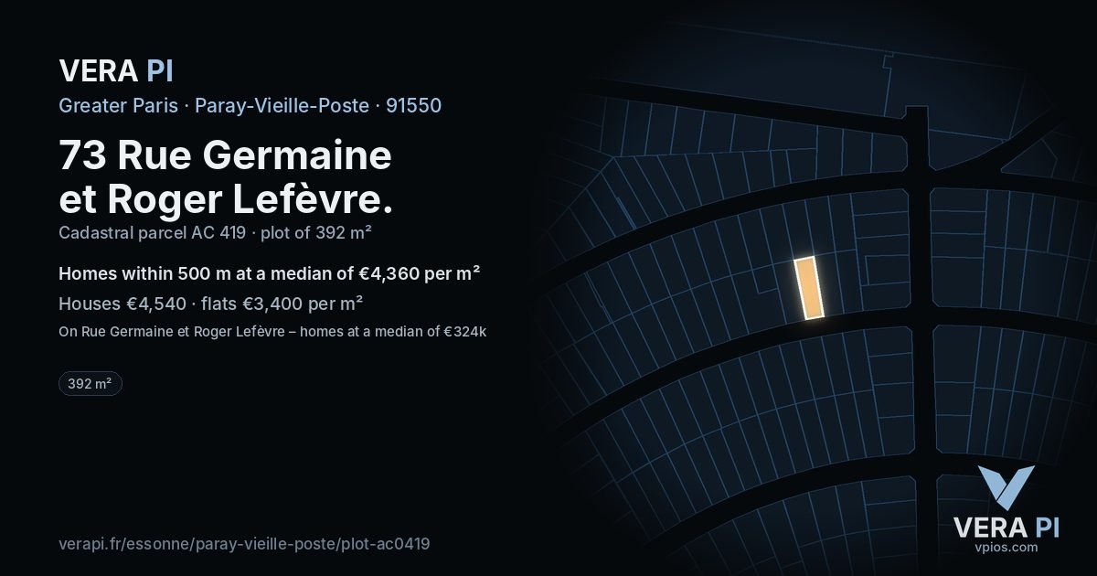 73 Rue Germaine et Roger Lefèvre, Paray-Vieille-Poste at night – the plot lit, the parcels around coloured by the prices near them